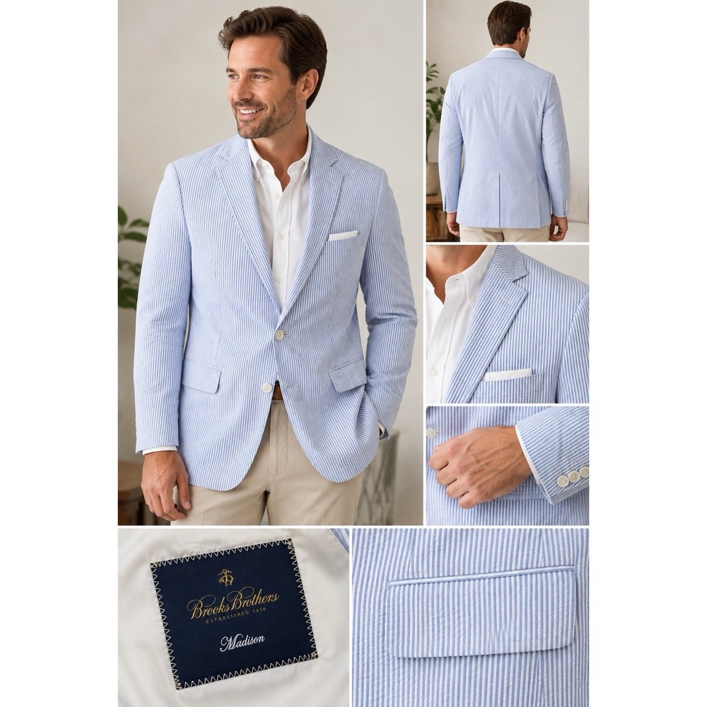 Brooks Brothers Madison Seersucker Sport Coat Mens 44R Blue White Striped